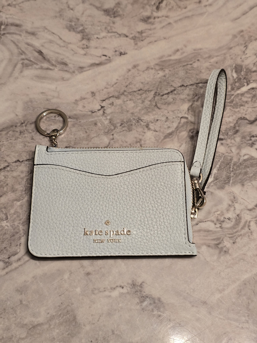 kate spade Ice Blue Pebbled Leather Wristlet Card Holder with Key Ring
